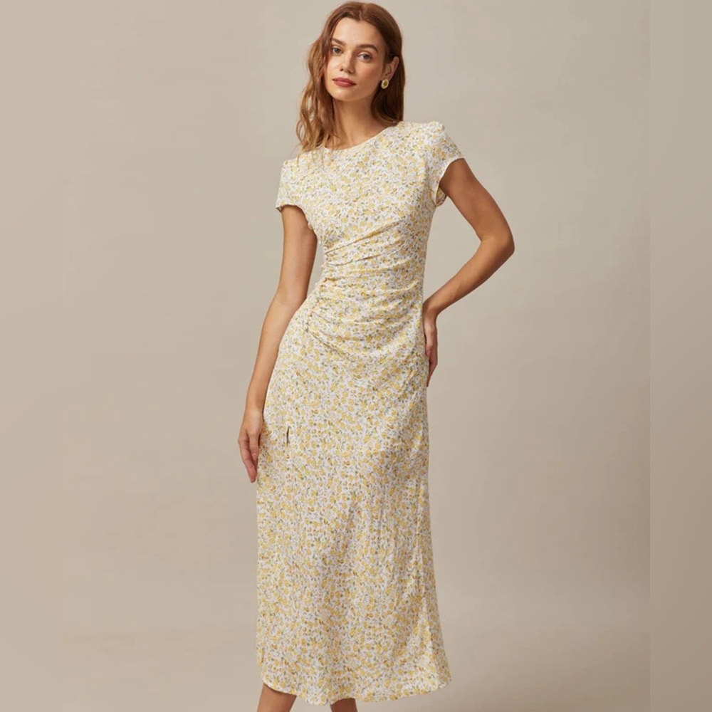 Rihoas: The Yellow Round Neck Floral Midi Dress
